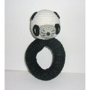 The Land‎ of Nod Panda Ring Rattle Baby Toy Black White Gray Crochet Knit 6"